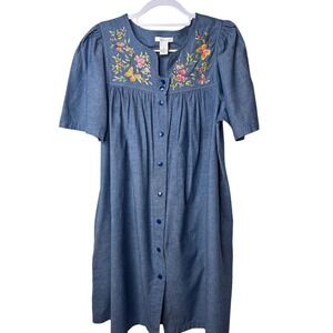 Vintage Bechamel Denim Patio Dress M Blue Embroidered Butterfly Cottagecore